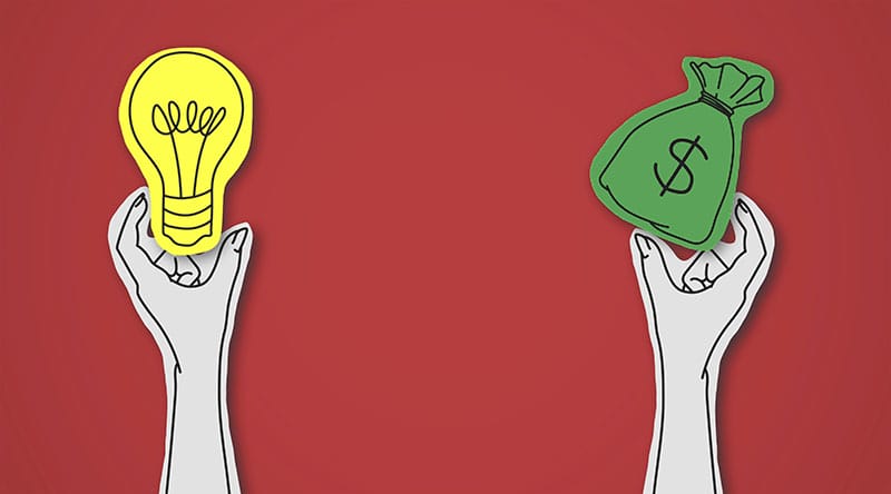 graphic of two hands. one is holding an lightbulb and one is holding a money bag