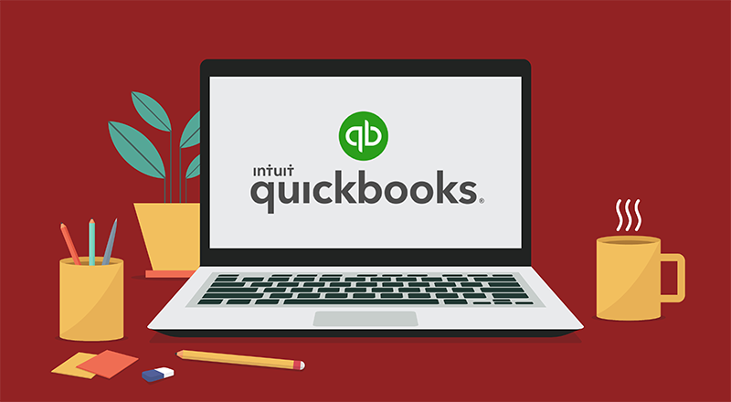 illustration of a laptop computer with the quickbooks logo on the screen