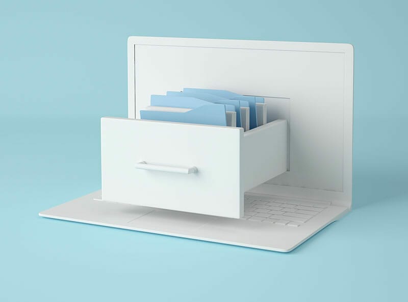 laptop with file drawer coming out of the screen represents electronic filing system