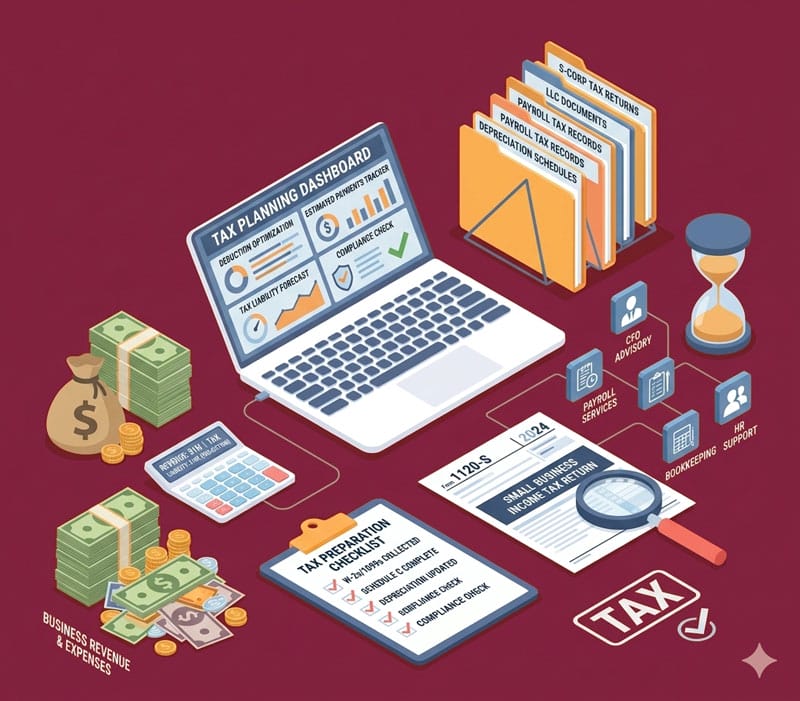Illustration with maroon background depicting a comprehensive small business tax planning and preparation setup.
